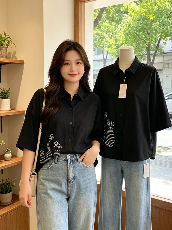 

plus Size Summer Women's Shirt Korean Style Embroidered Floral Short Sleeve Turn-down Collar Versatile Belly Covering