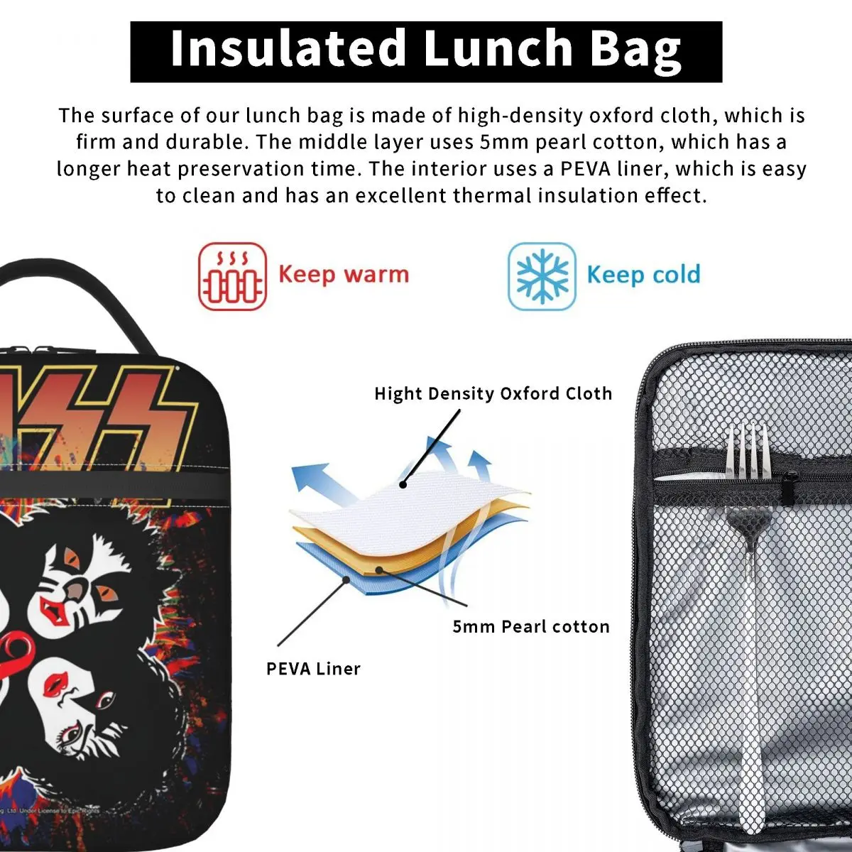 KISS The Band - Rock And Roll Over Splash Logo Insulated Lunch Bag Women Children Leakproof Food Boxes Thermal Lunch Box Tote