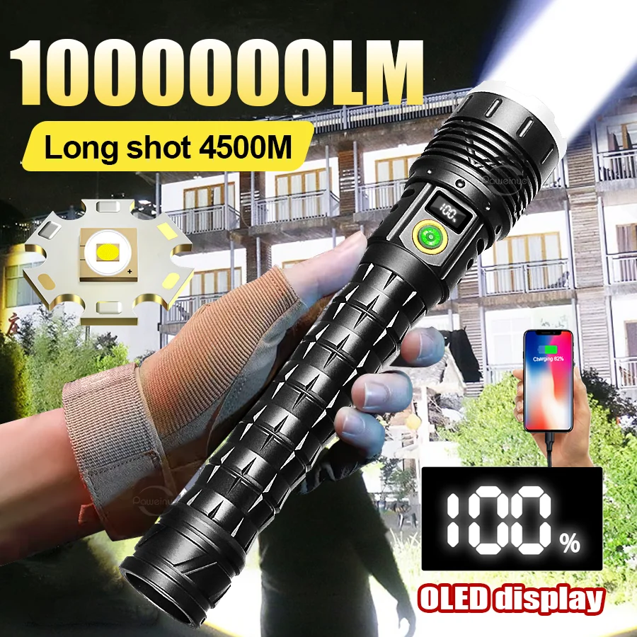 

1000000LM Most Powerful LED Flashlight 10000mah High Power Torch Rechargeable 800W Spotlights Tactical Flashlights Lighting 4km