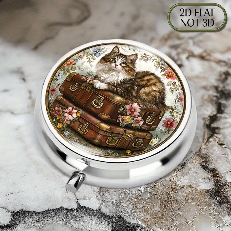 1 piece of flat, portable, round metal pill box with a vintage cat and floral design, ideal for organizing medication and daily supplements, perfect for storing vitamins, coins, or small accessories, and a perfect gift for loved ones