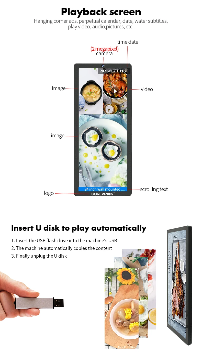 Layar LCD Pemutar Iklan 25 Inci Vertikal Wifi Android untuk Pemasangan di Dinding