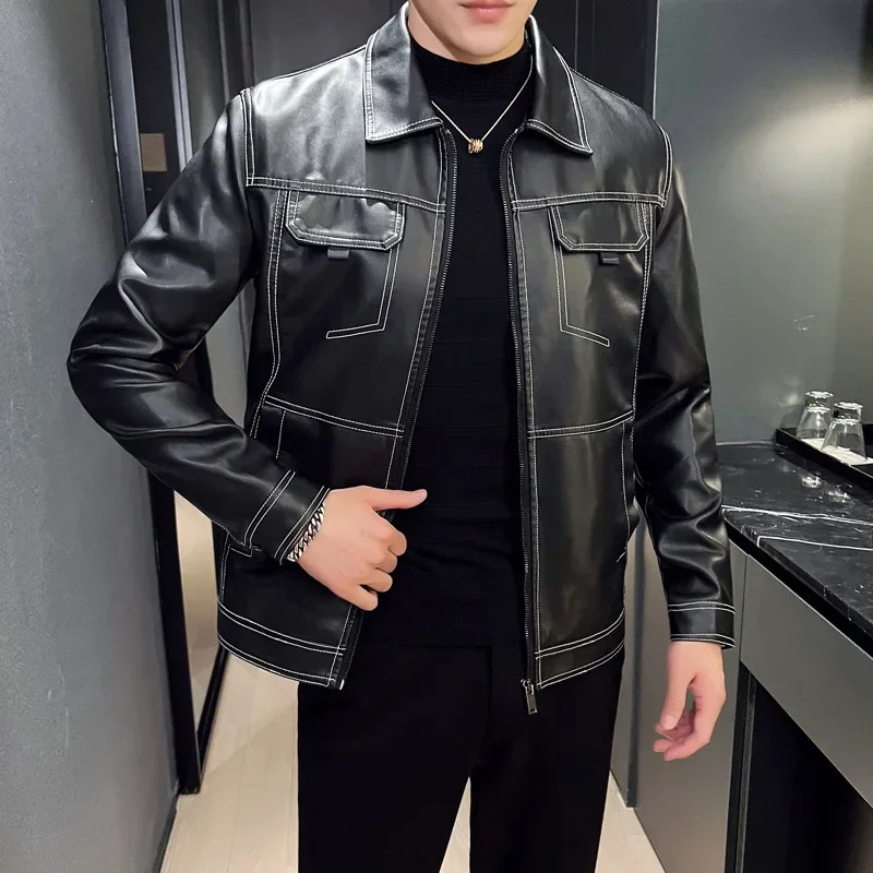 

Короткое пальто из искусственной кожи с воротником-поло, осеннее мужское новое мужское модное однотонное повседневное универсальное кожаное пальто большого размера