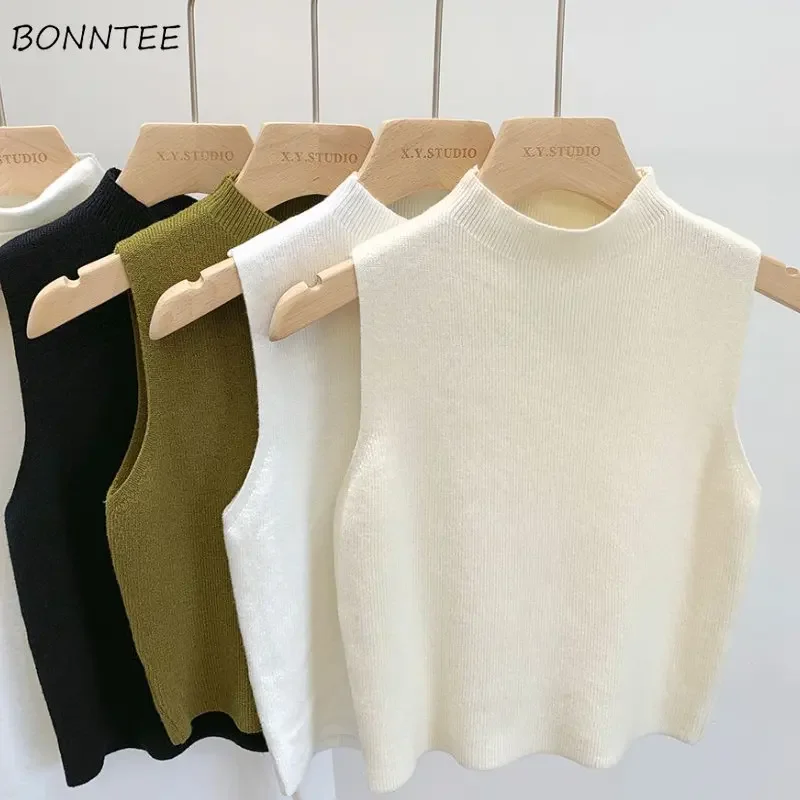 

Sweater Vests Women Slim All-match Solid Sleeveless Korean Style Vintage Spring Knitwears Aesthetic Stretchy Cropped Clothing