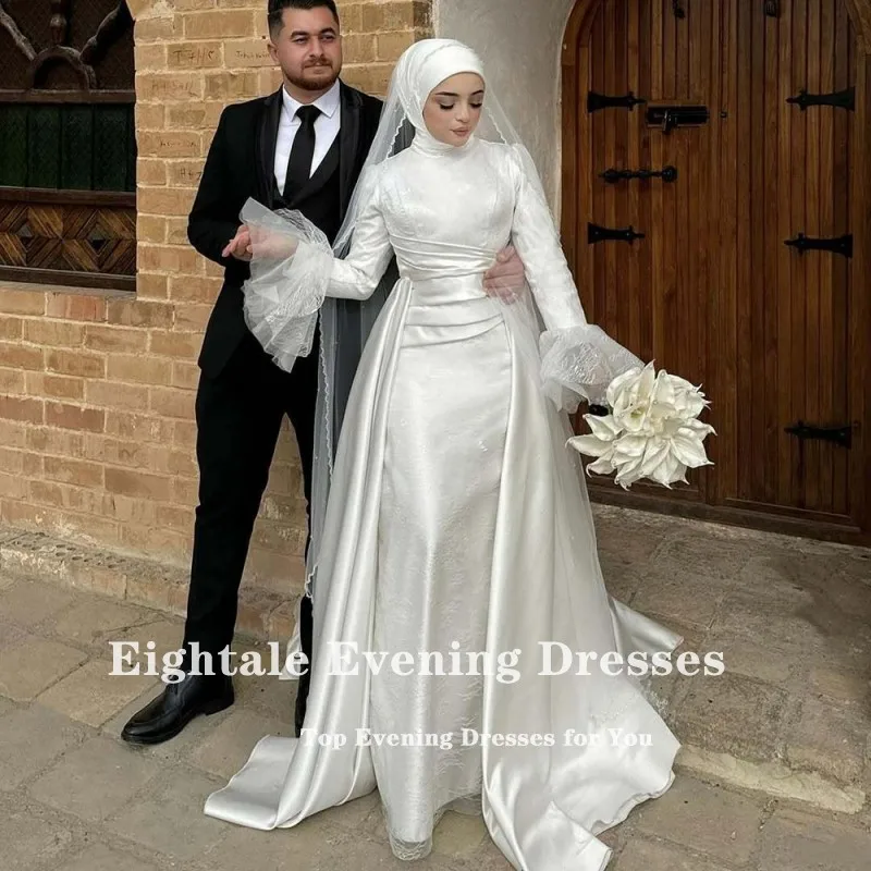 Eightale มุสลิมชุดแต่งงานที่กําหนดเองคอยาวแขนยาวลูกไม้ซาติน Mermaid คําชุดเจ้าสาว Vestidos De Novia Boda