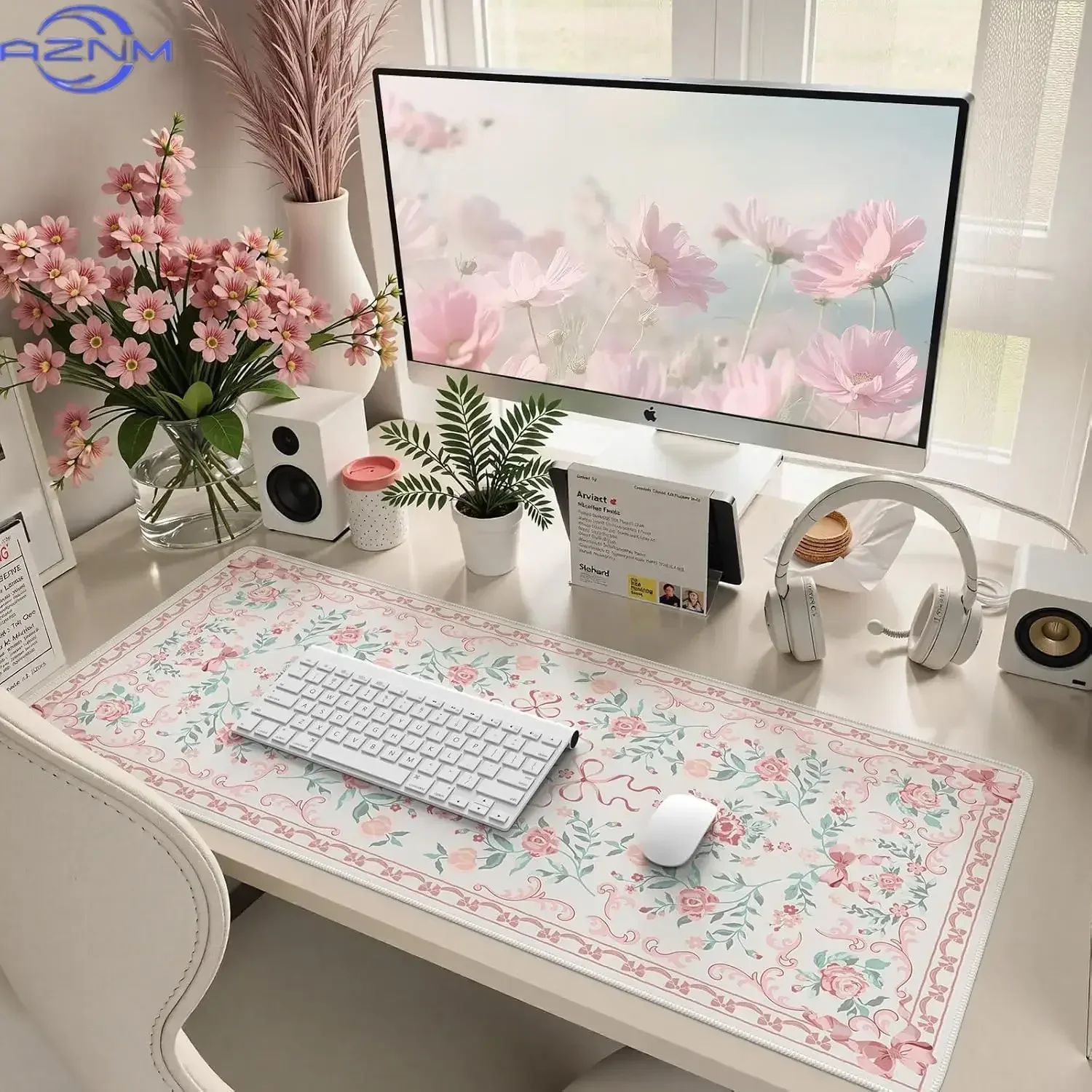 Pink Bow Rose Cute Gaming Mouse Pad, Floral Vine Print Smooth Edge Non-slip Desk Mat for Gamers Home Office Wireless Mouse
