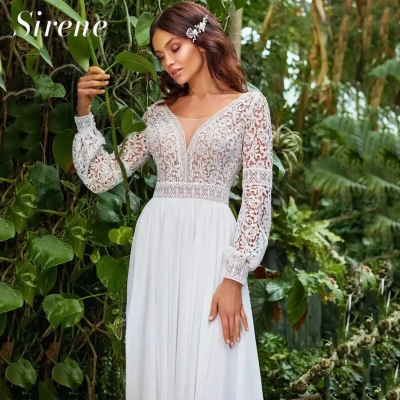 Bohemian Sweetheart Wedding Dresses A-Line Long Sleeve White Lace Applique Chiffon Backless Bridal Gown Train Vestidos De Novia