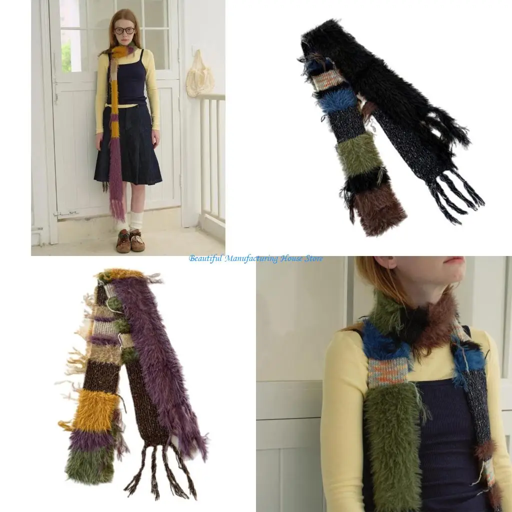 E56A Knit Long Choker Striped Scarf for Women Harajuku for Jeans or Dresses