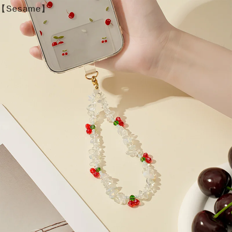 Y2K Sweet Cute Cherry Opal Beaded Phone Lanyard Ins Style Natural Stone Mobile Phone Chain Wristband Keyring Camera Pendant