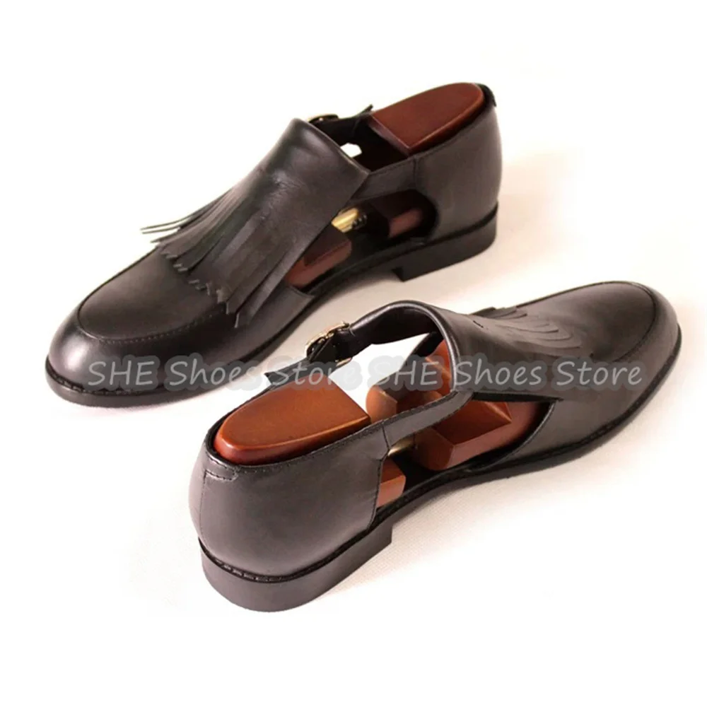 Handmade Genuine Leather Tassel Male Gladiator Sandals British Style Hollow Belt Buckle Slip On Loafers Summer Casual Shoes
