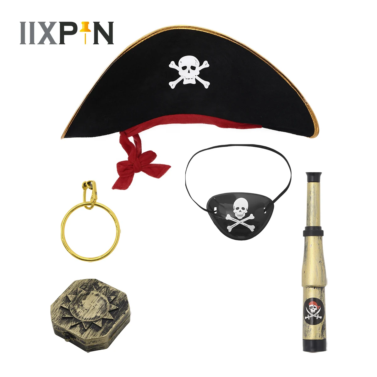 Accesorios de disfraz de pirata para niños, accesorios de Cosplay de capitán de Halloween, sombrero de pirata, Streamer rojo, telescopio, brújula, juego de pendientes con los ojos vendados