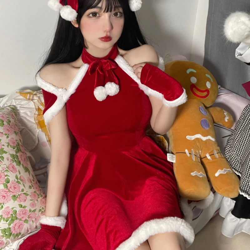 Autumn Winter Sweet Christmas Red Plush Dress Suit Women Sexy Party Mini Dress Female Kawaii New Year 4 Piece Set Cute Home Wear