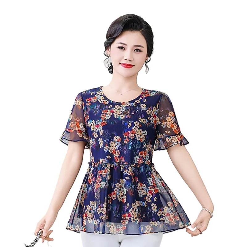 Summer Vintage Stylish Floral Printed Blouse Female Clothing Elegant Ruffles Spliced Short Sleeve Casual O-Neck Chiffon Shirt