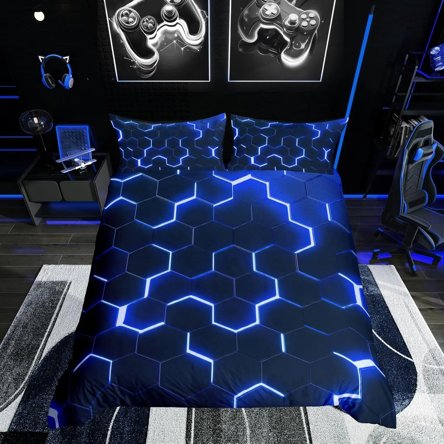 Neon Light Geometric Bedding Set Single Size Honeycomb Duvet Cover With 1 Pillowcase Hexagonal For Kids Boys Teens