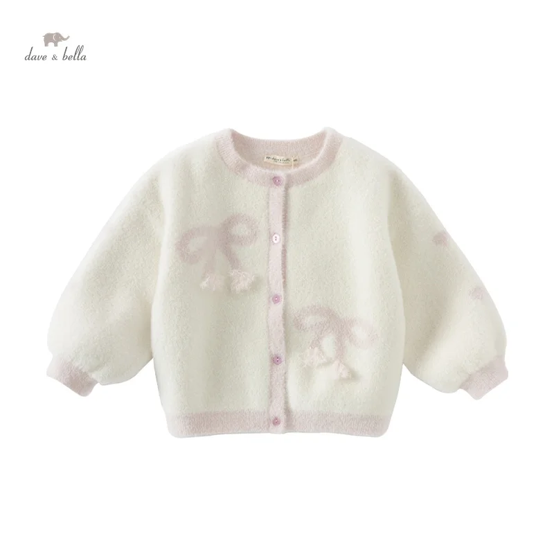 Dave Bella 2024 Autumn Girls Baby Top Sweater Pullover Soft Sweet Cute Bow pattern Gentle Children's Knitted Outwear DB3242257