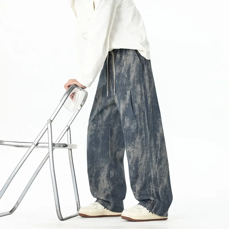 American Streetwear Tie Dye Cotton Casual Pants Men 2026 Autumn Plus Size Baggy Straight Drawstring Wide Leg Drape Long Pants
