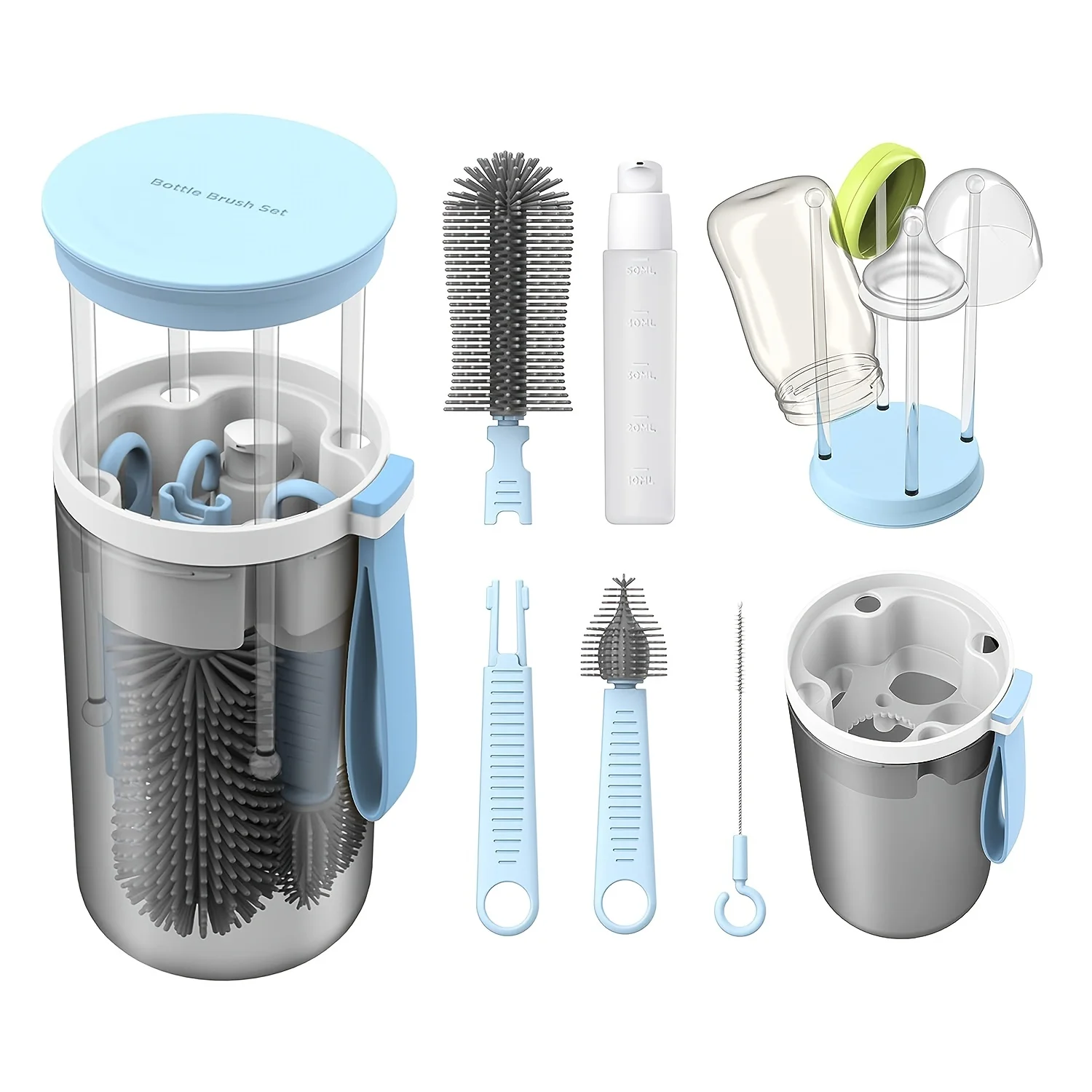 

ortable Bottle Brush Set, ABS Material, with Silicone Brushes, Drain Rack, and Bottle Accessories, with Plastic Handle, for Ages