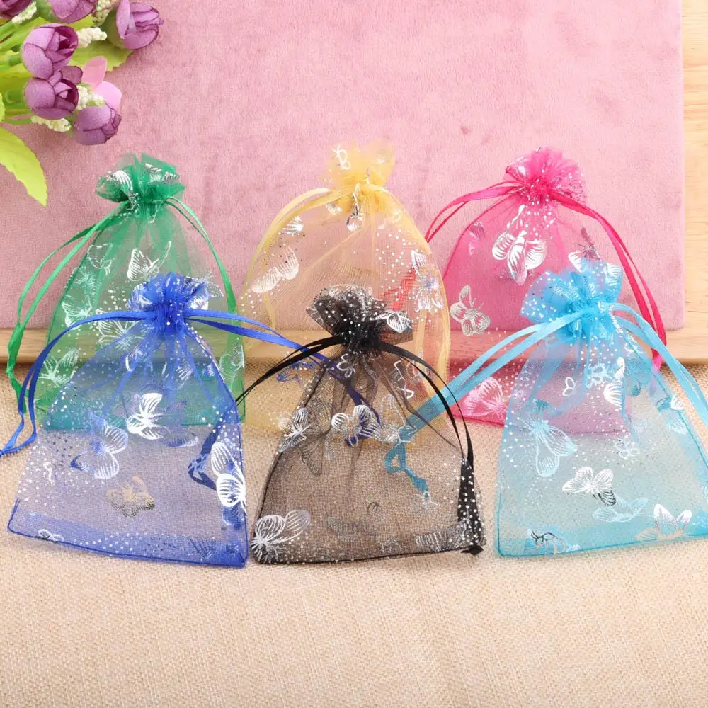 25/50pcs 12 Colors Butterfly Organza Gift Bags 7x9cm 9x12cm 13x18cm Jewelry Bags Candy Packaging Bags Drawstring Pouch