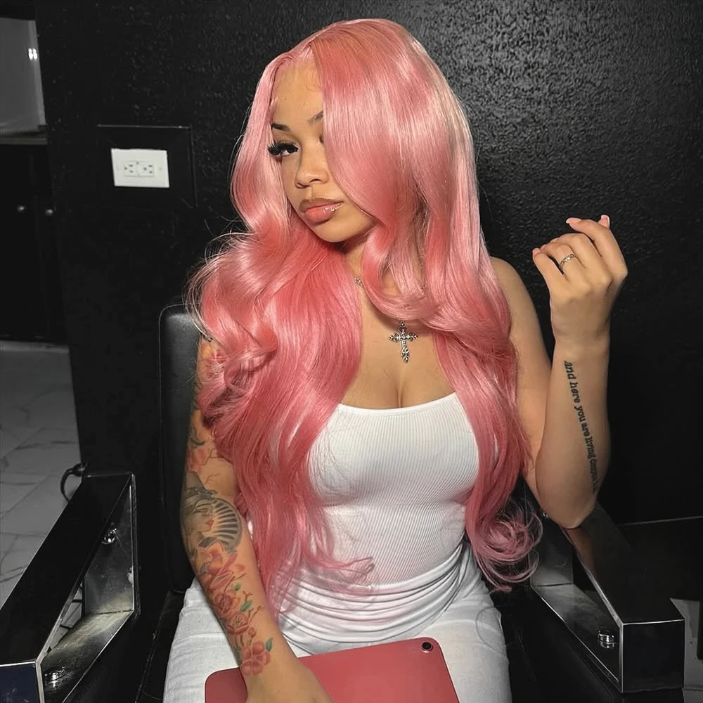 Wig Rambut Asli Warna Pink Body Wave 13x6 HD Transparent Lace Frontal Wig 30 36 Inch 13x4 Lace Front Wig Pre Plucked Untuk Wanita