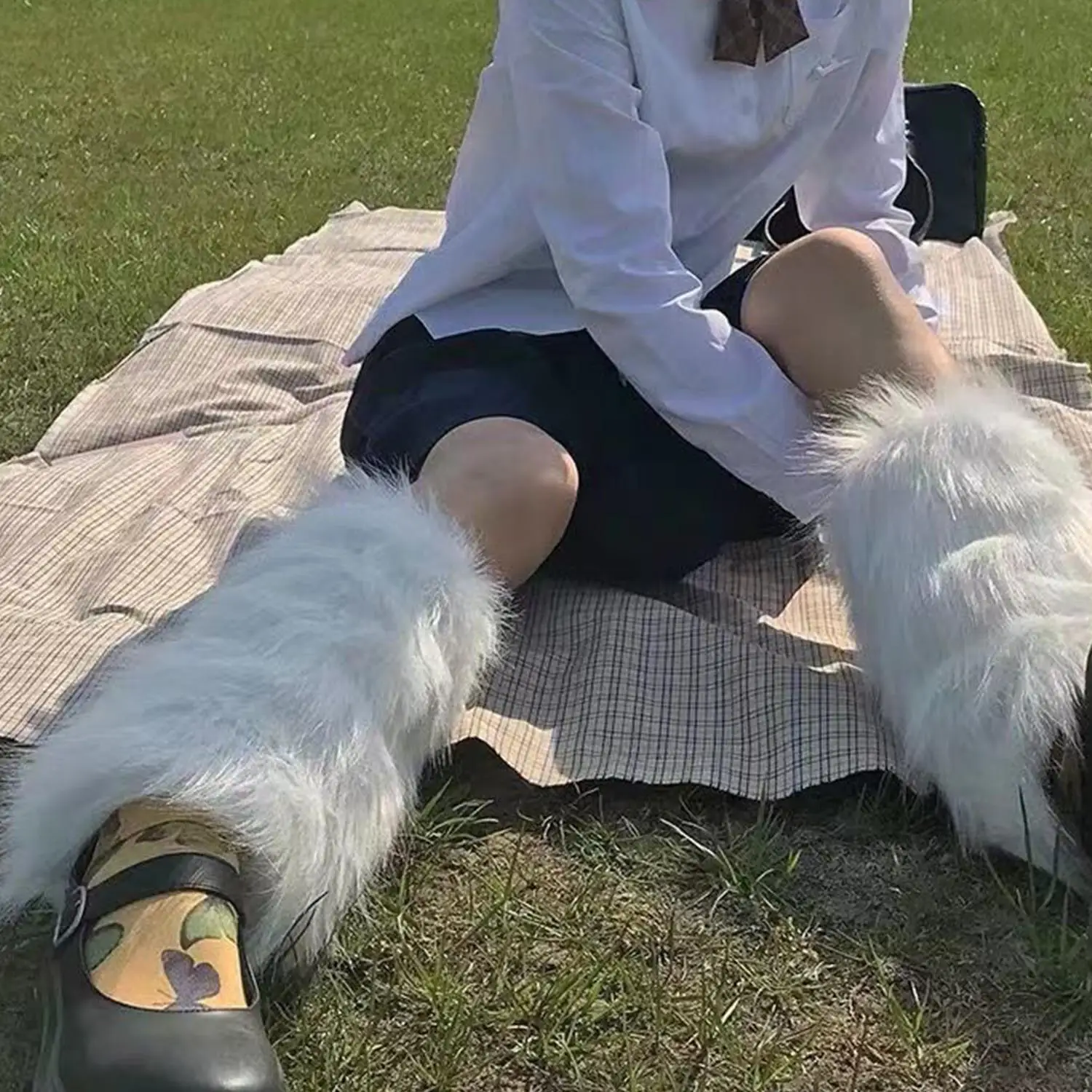 Women's Artificial Fur Leg Warmers Japanese Lolita Autumn And Winter Black And White Knitted Socks Leg Warmers For Women