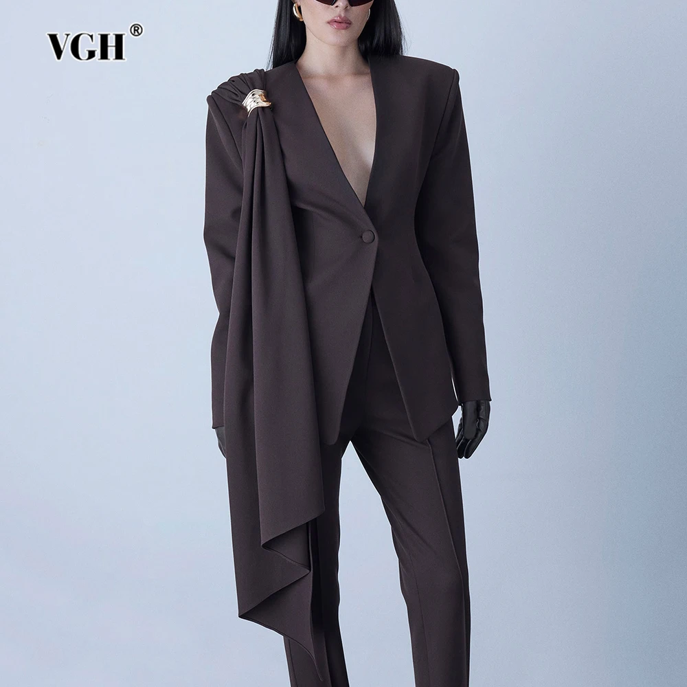 

Женский блейзер-накидка VGH Chic Coffee с металлической пряжкой, глубоким V-образным вырезом, длинными рукавами и одной пуговицей для роскошных коктейльных ужинов