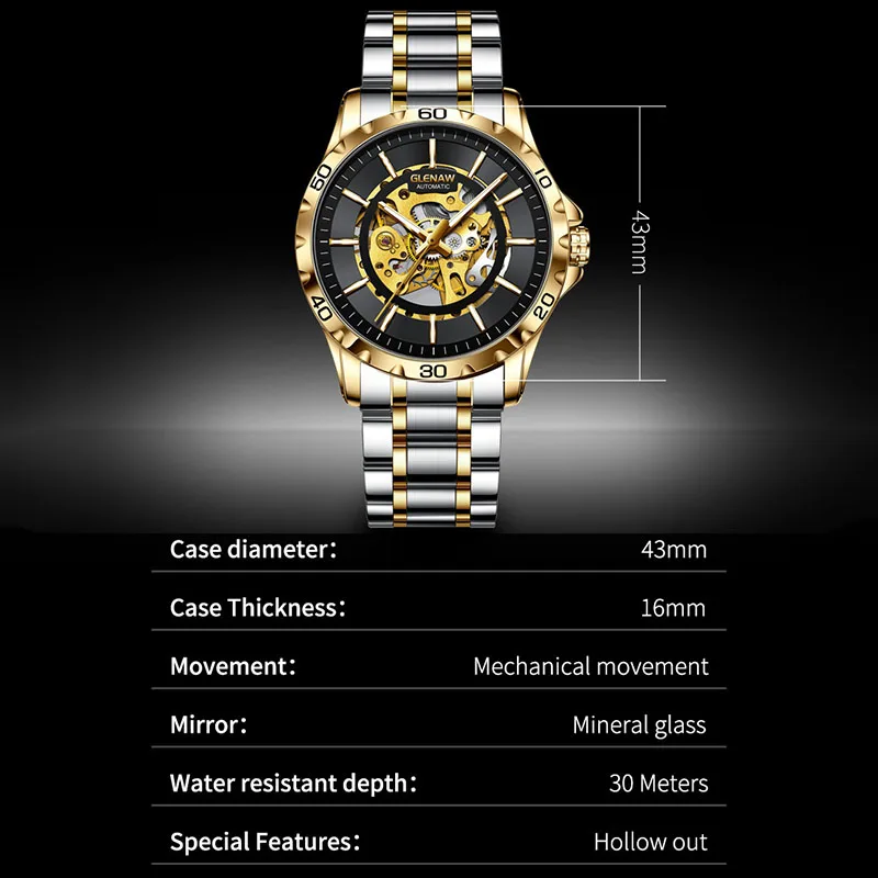 GLENAW New Skeleton Mechanical Watch Stainless Steel Waterproof Men Watches Top Brand Luxury Sport Male Automatic Wrist Watches