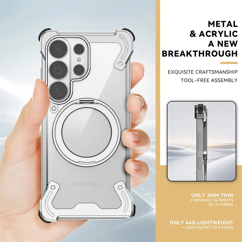 Przezroczyste, aluminiowe, bezramkowe etui na Samsung Galaxy S24 S25 S26 Ultra z obsługą Magsafe 360 ° Obrotowa Magnetyczna Osłona Ochronna Przed Wstrząsami — zdjęcie produktu 4