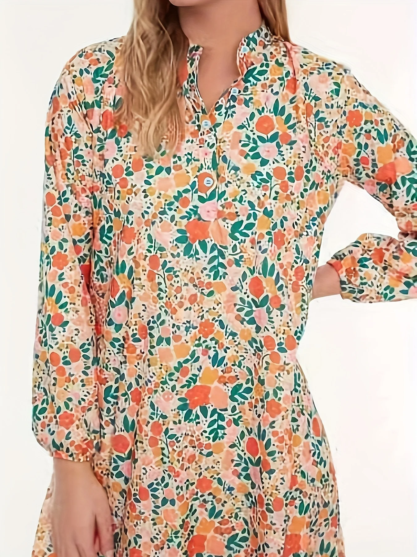 Plus-size women\'s spring&summer girly style pastoral floral, small stand-up collar, long-sleeved, fashion&elegant casual dress.