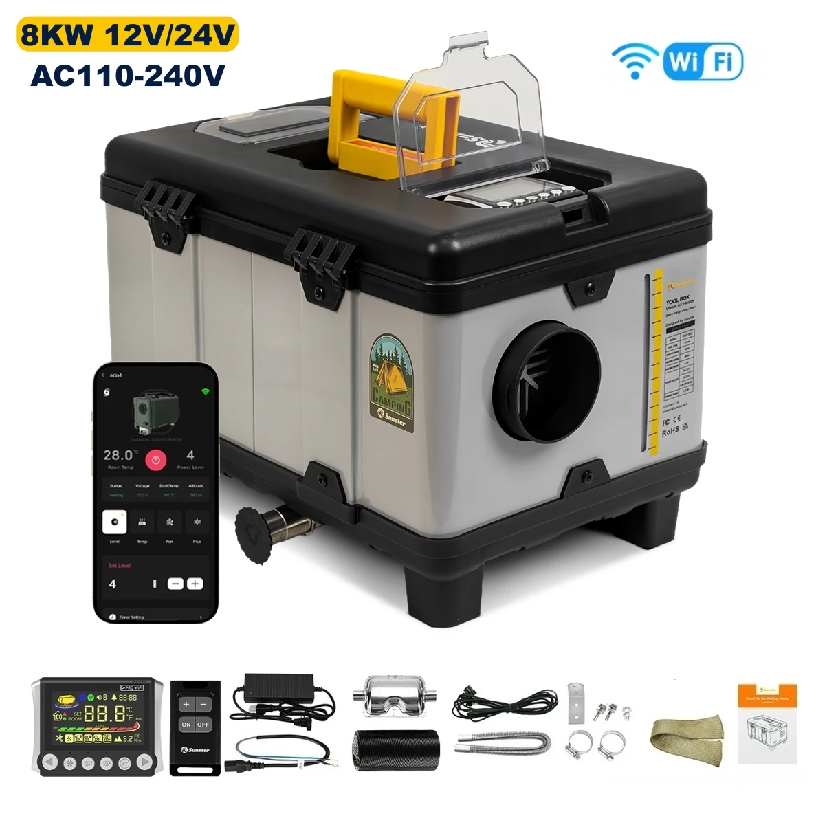 TB10 8KW 12V/24V DC & 110V–240V AC WLAN & Bluetooth APP-Steuerung Diesel-Luftheizung mit Auto-Thermostat für Camping und Zelte
