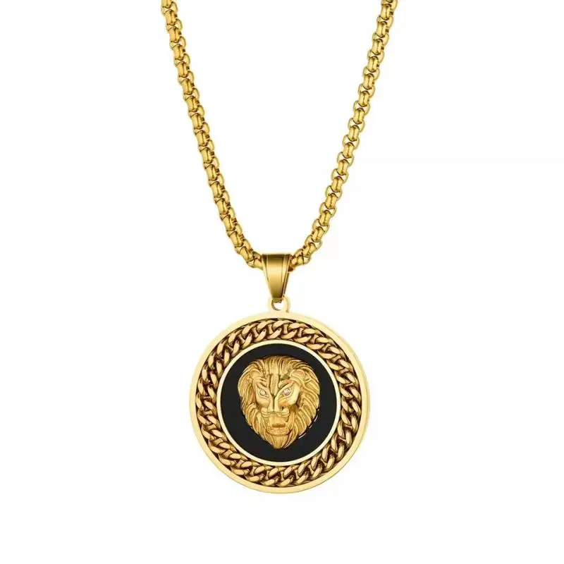 Hip Hop Gold Farbe 3D Runde Lion Head Anhänger Kette Medaille Halskette Männer Frauen Rock Rapper Schmuck Geschenke