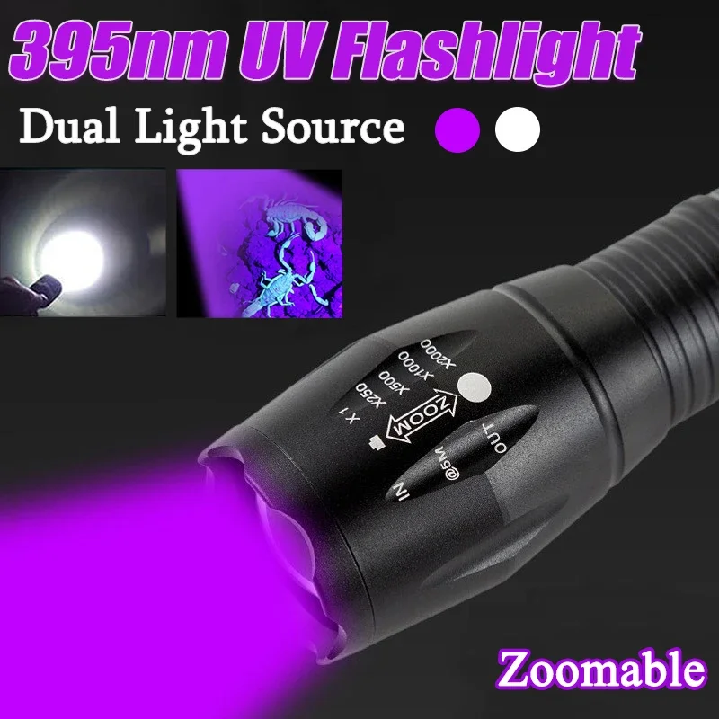 Linternas de doble luz púrpura y blanca, linterna ultravioleta con Zoom, linterna UV retráctil, lámpara de iluminación con detección de agente fluorescente