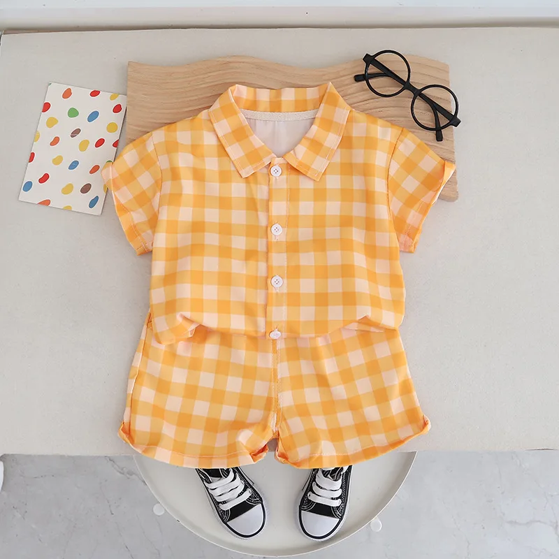 2024 Boutique Baby Boy Summer Sets Clothes for Kids Boys 2 To 3 Years Plaid Turn-down Collar Short Sleeve Shirts and Shorts Suit