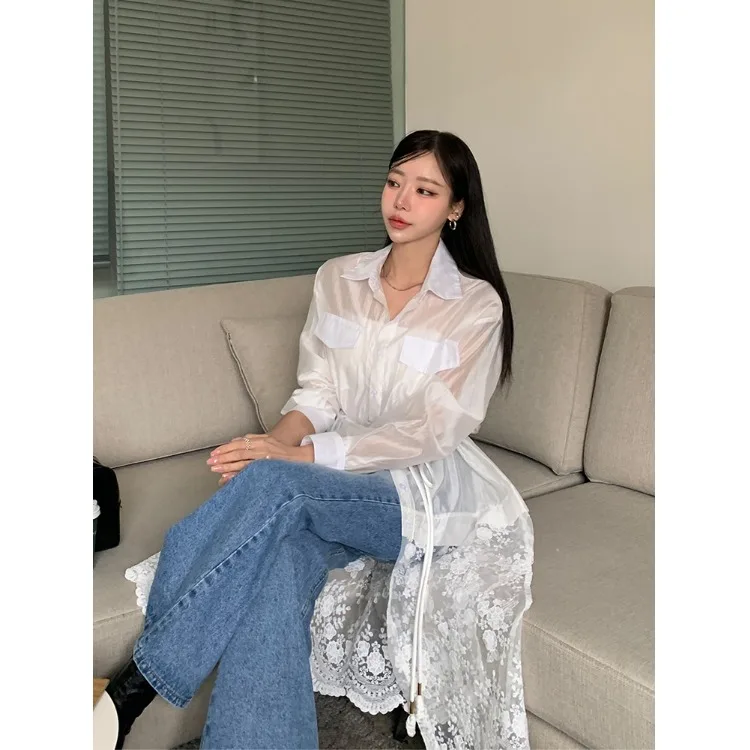 Lace Hook Embroidery Mesh Dress Women's Design Sensation Micro Translucent Long Sleeve High Waist Commute Style Spring Dress