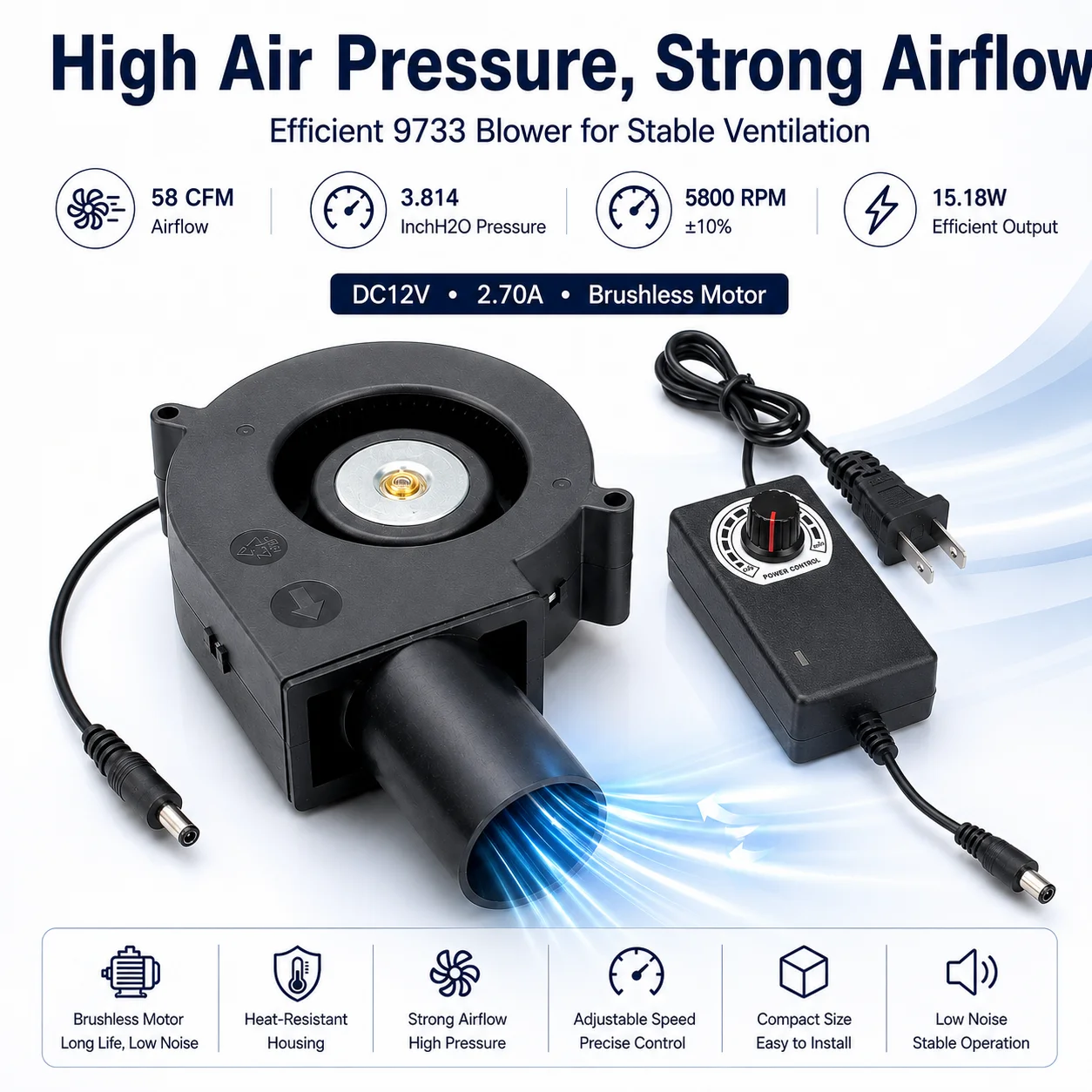 9733 12V Brushless Centrifugal Blower Fan 220V Variable Speed Controller for Wood Stove BBQ Grill Forge Charcoal Starter