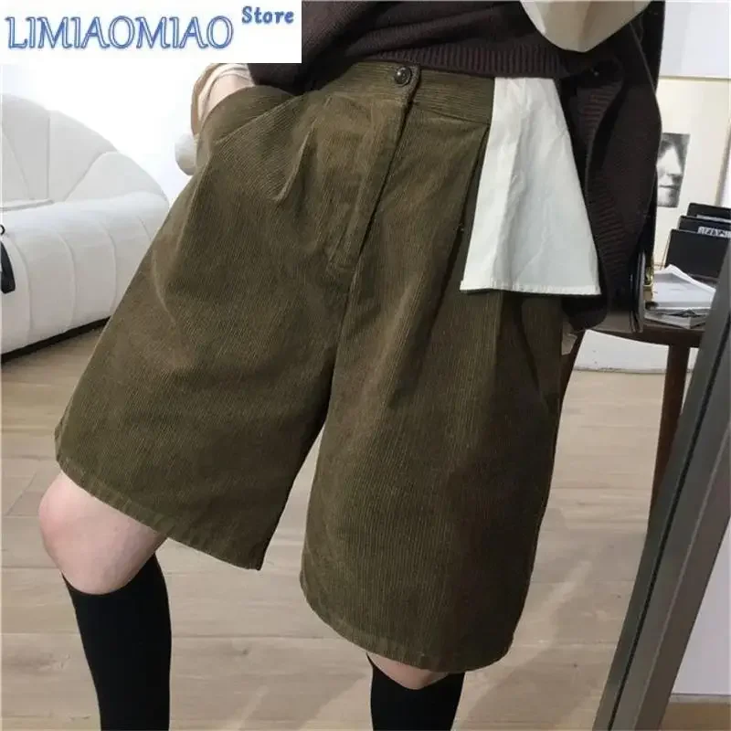 

Women's Retro Corduroy A-line Wide Leg Shorts Summer Street Cropped Trousers Young Girl Casual Bottom Female Knee Length Pants