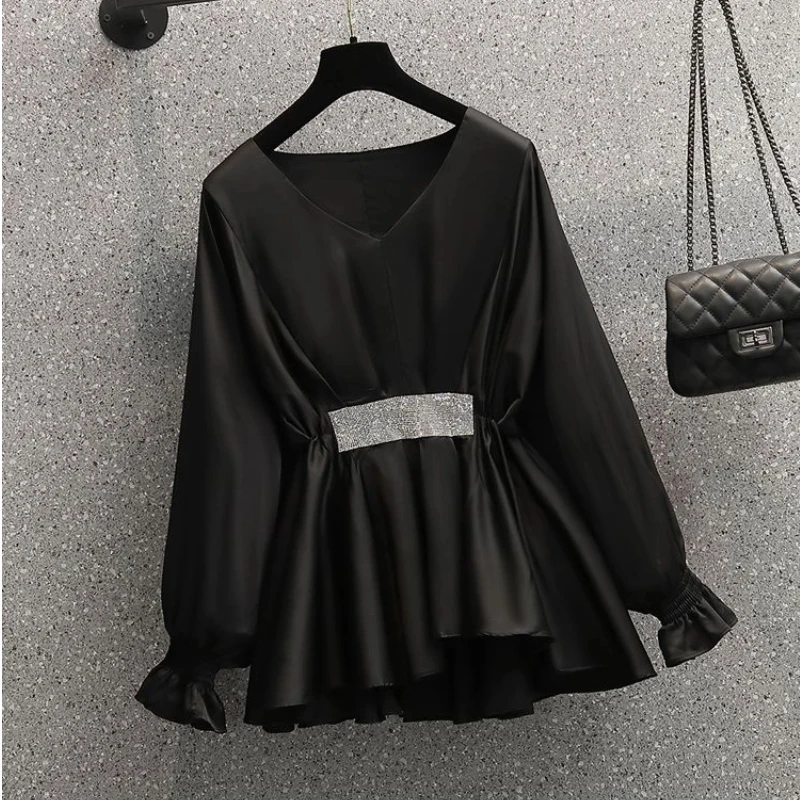 

Однотонная плиссированная элегантная блузка с длинным рукавом и v-образным вырезом, женская одежда, весенне-осенняя новая универсальная рубашка с темпераментом, модные офисные топы