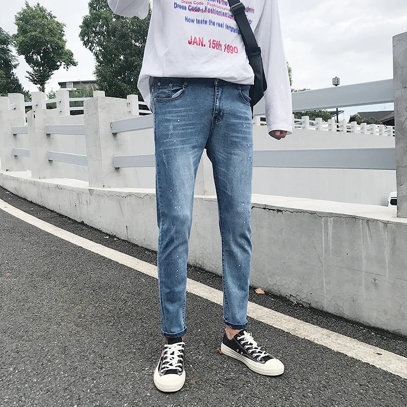 

Summer 2022 Fashion Casual Denim Jeans Men's Slim Feet Light Color Ink Jet Thin Korean Brand Students Teenagers Pencil Pants Men