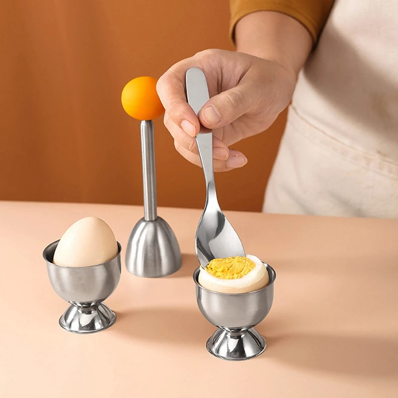 Egg Cracker Topper Set Soft Hard Boiled Eggs Separator Tool 2 Egg Cups,2 Metal Spoons&1 Soft Boiled Egg Cutter or Opener