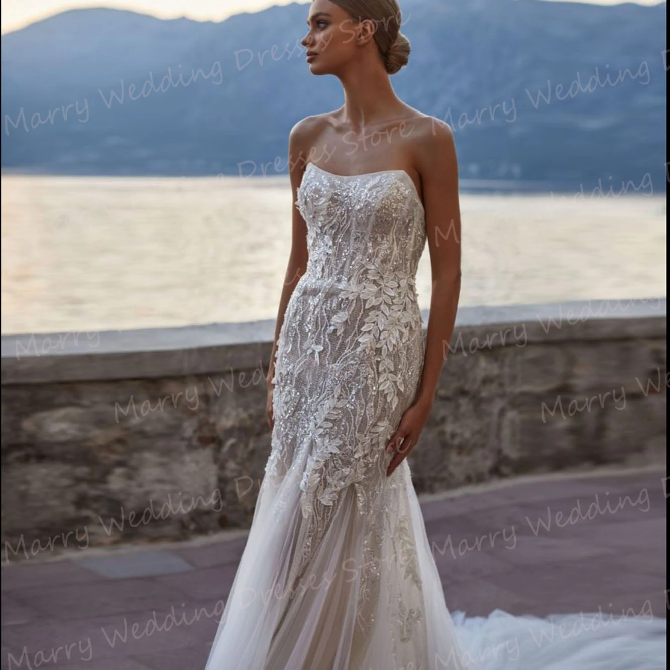 Abiti da sposa a sirena senza spalline Sexy squisiti Appliques di pizzo senza schienale abiti da sposa paillettes lucide lunghezza del pavimento per la festa delle donne