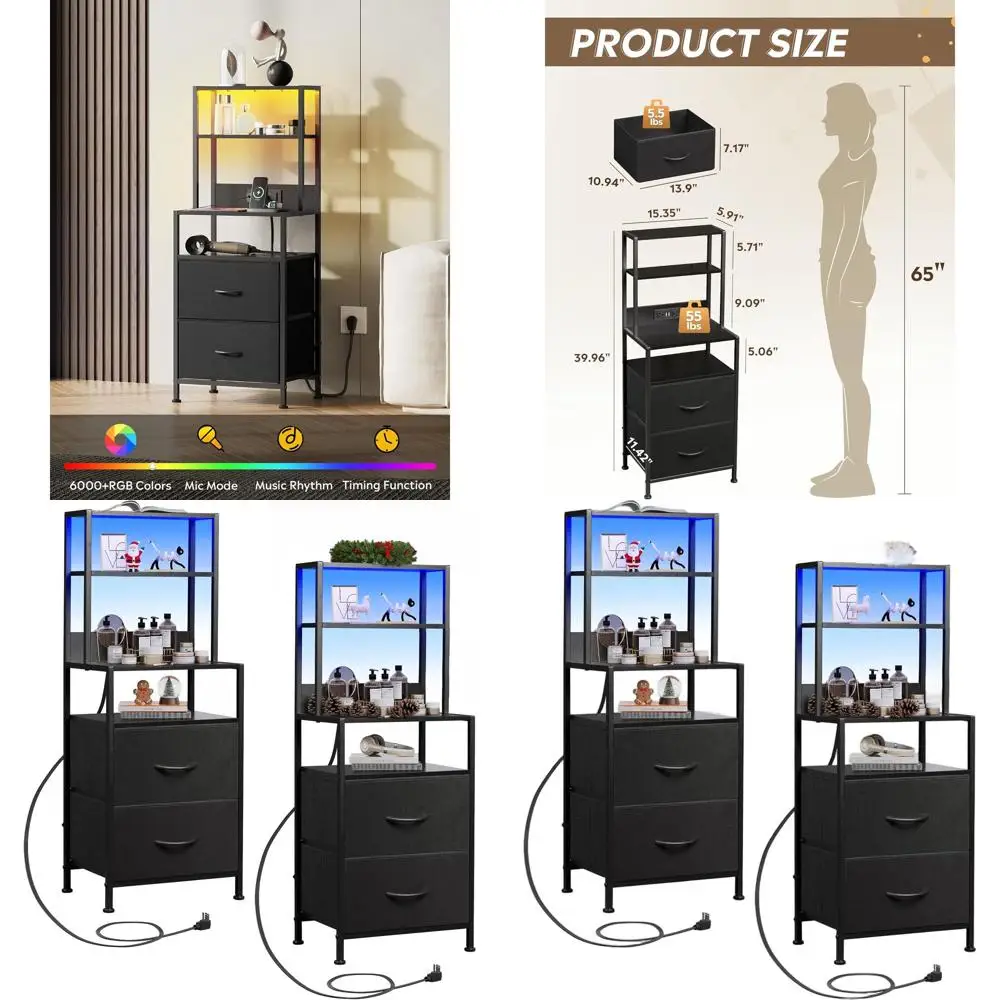 

Комплект из 2-х прикроватных тумбочек с зарядной станцией, ящиками с LED-подсветкой и открытыми полками, черный, для хранения вещей в спальне