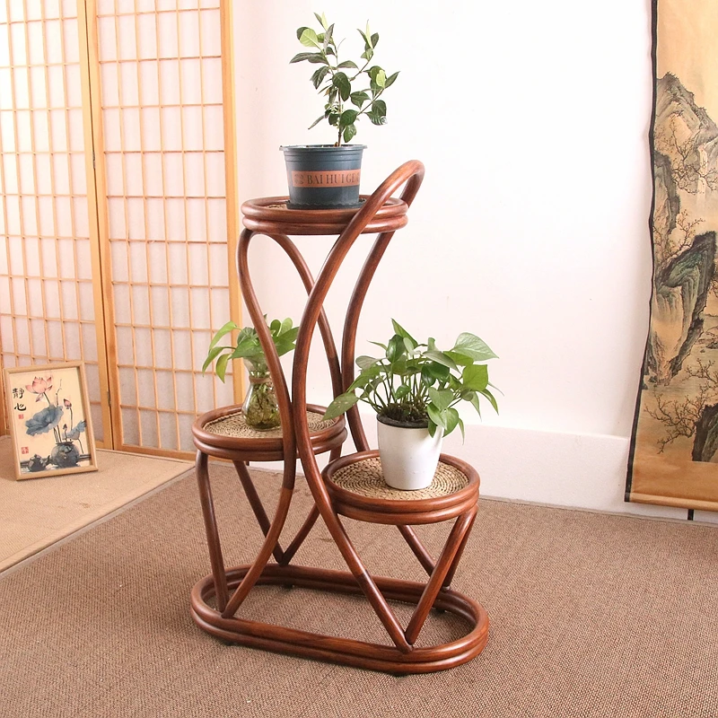 Rattan Floor Plant Stand Multi-Tier Indoor/Outdoor Shelf for Balcony & Living Room Boho Woven Flower Holder with Storage Space
