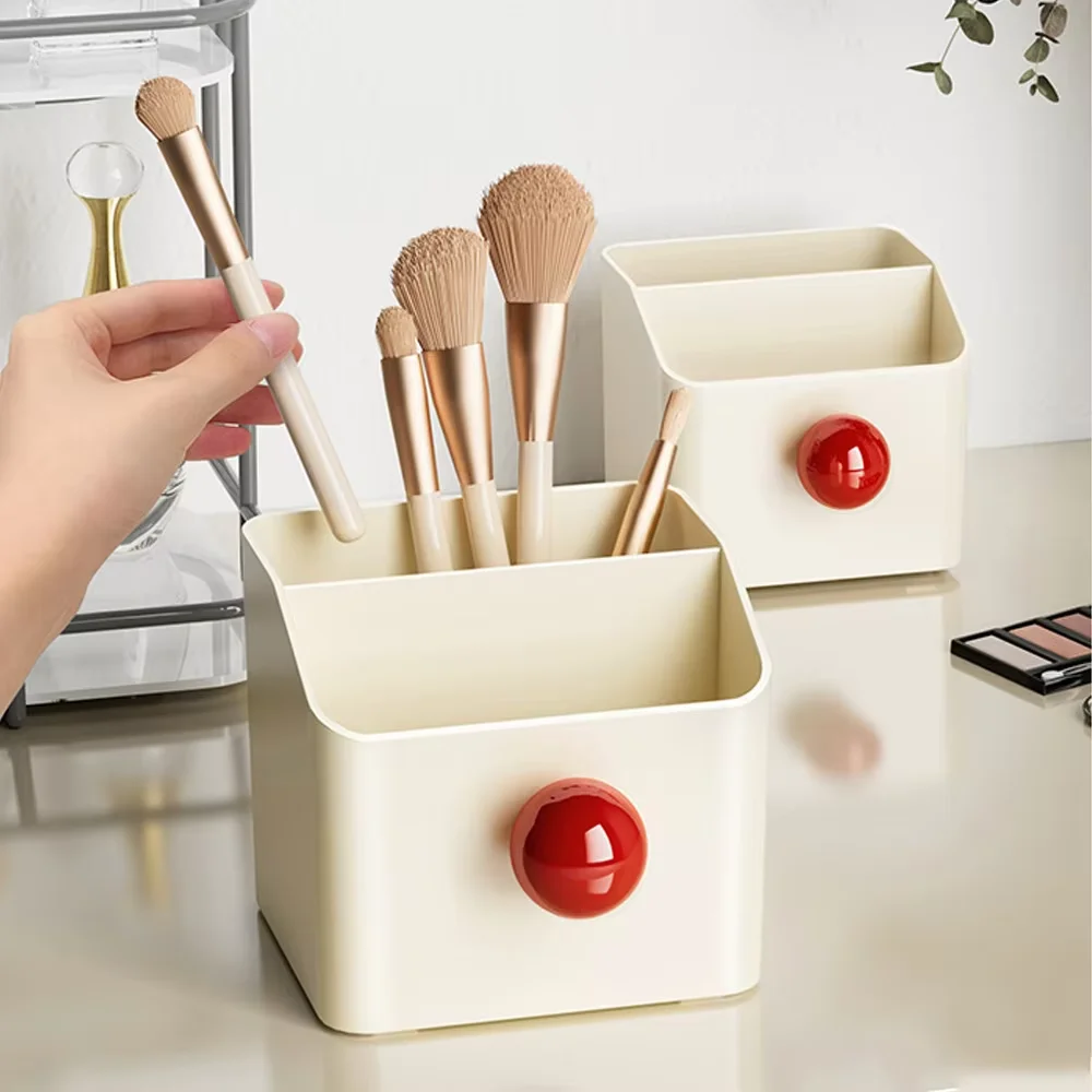 Cream Shaped Round Bead Grid Makeup Brush Pencil Case Multifunctional Storage Box With Built-In Partition Compartments