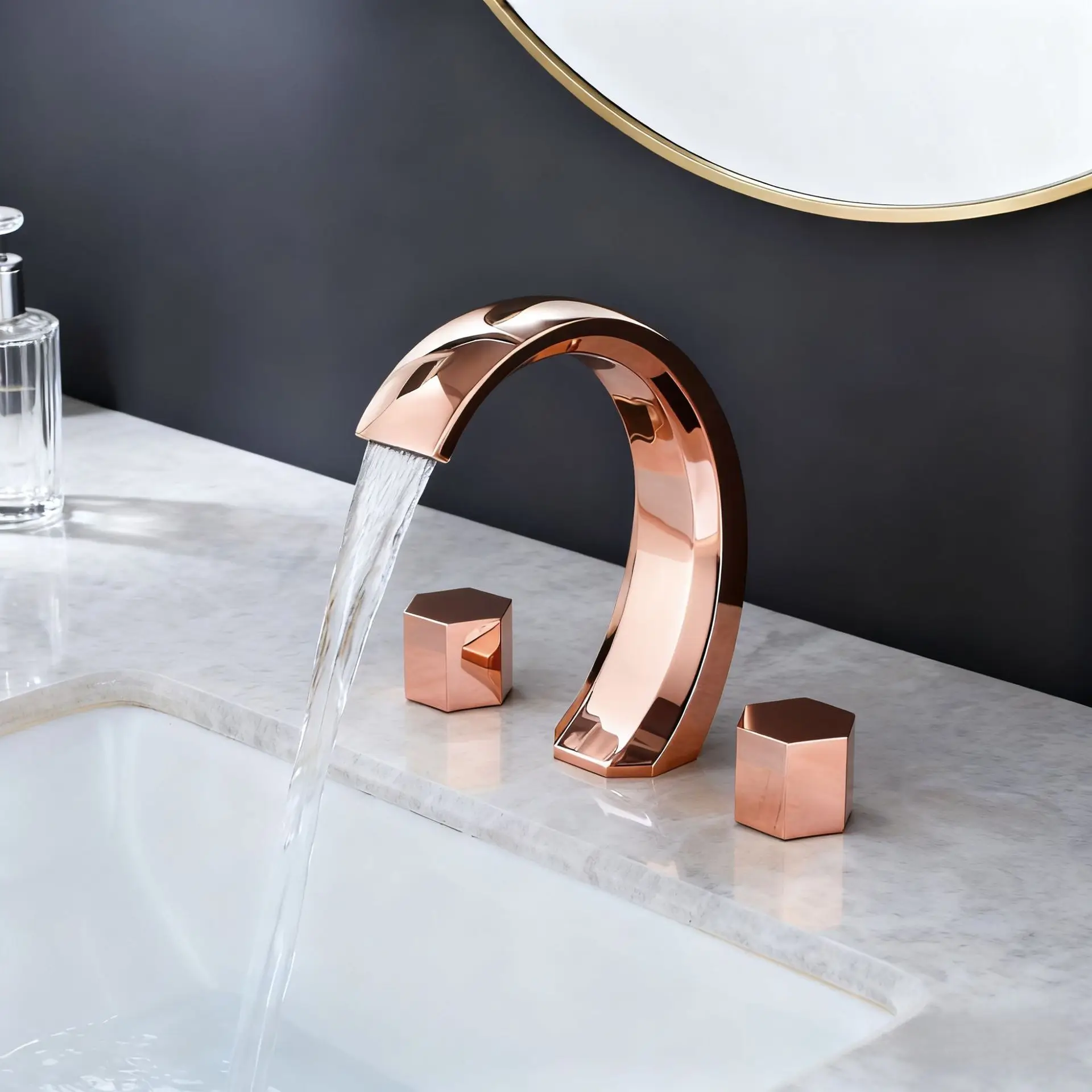 Golden Brass 3 Hole Bathroom Sink Faucet Split Type Dual Handle Hot Cold Water Basin Tap