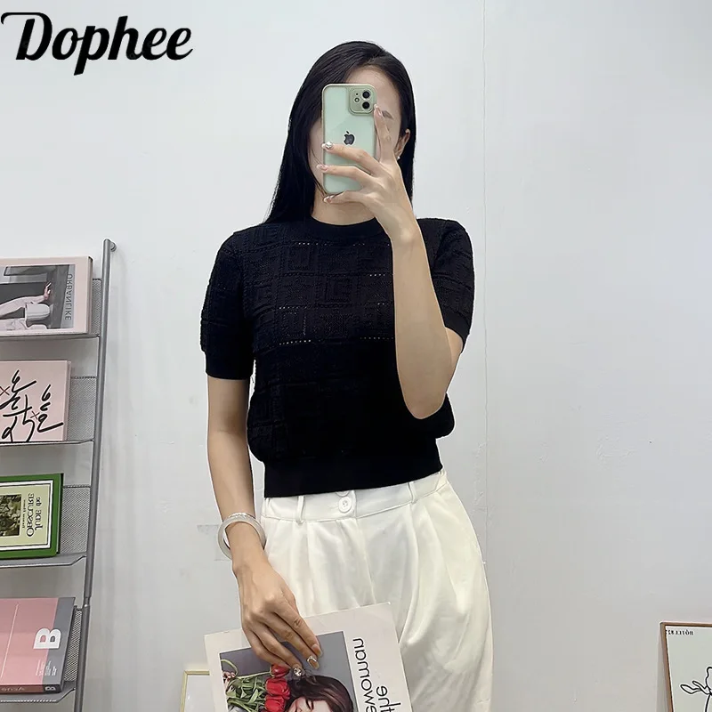 

Dophee 2024 Fashion Lady Short Sleeve Sweater Top Elegant Stars Jacquard Women Knitted T-shirt All-match O-neck Jumpers Crop Top