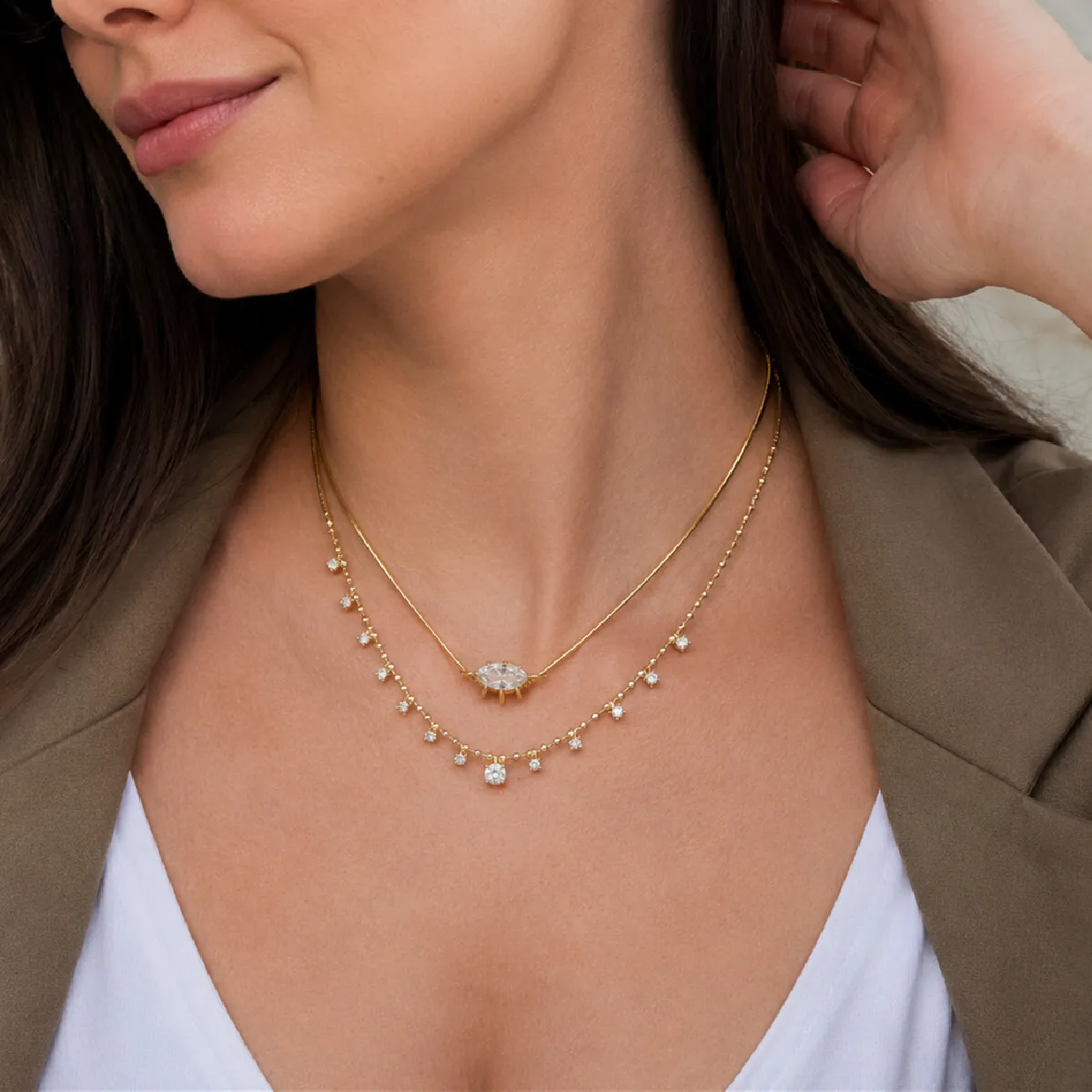 Lacteo Shiny Rhinestones 18K Gold Plated Stainless Steel Waterproof Necklace Women Fashion Charms Clavicle Chain Wedding Jewelry