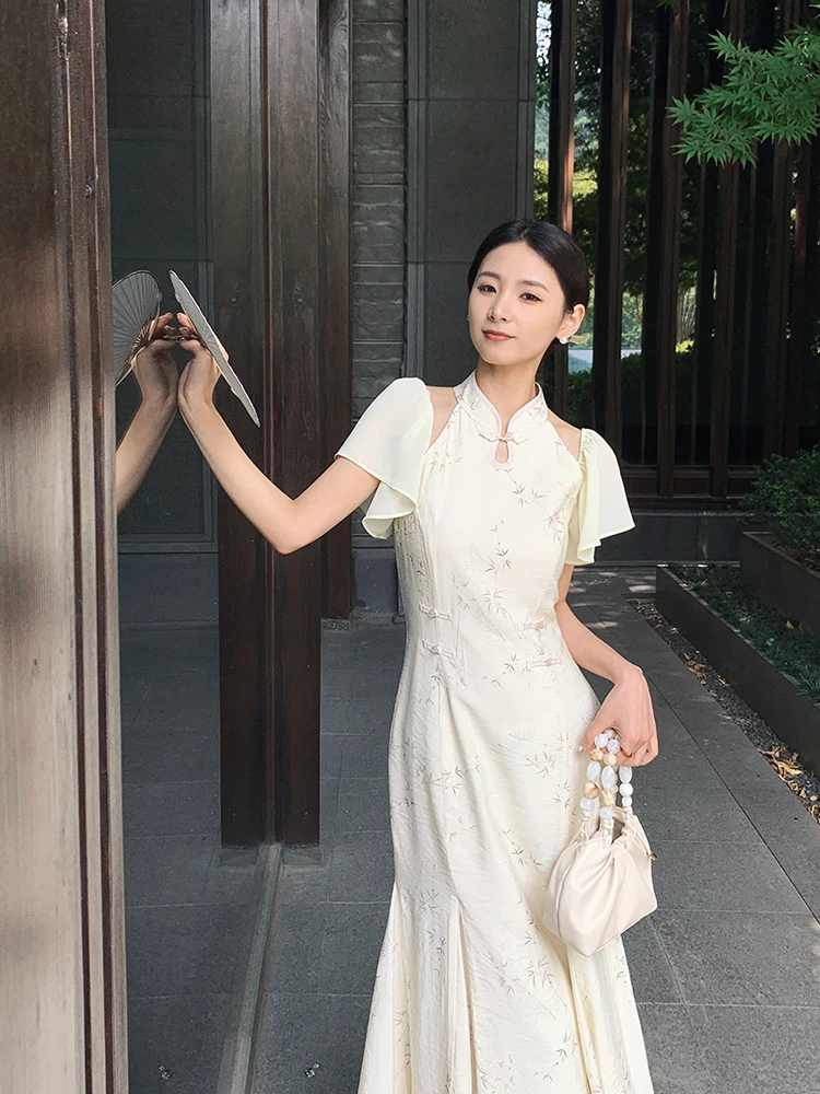 

New Chinese Sle ort Sve Slimming Qipao Dr Stand Collar Button Long Skirt Women's Summer Faion Commute High Waist ...