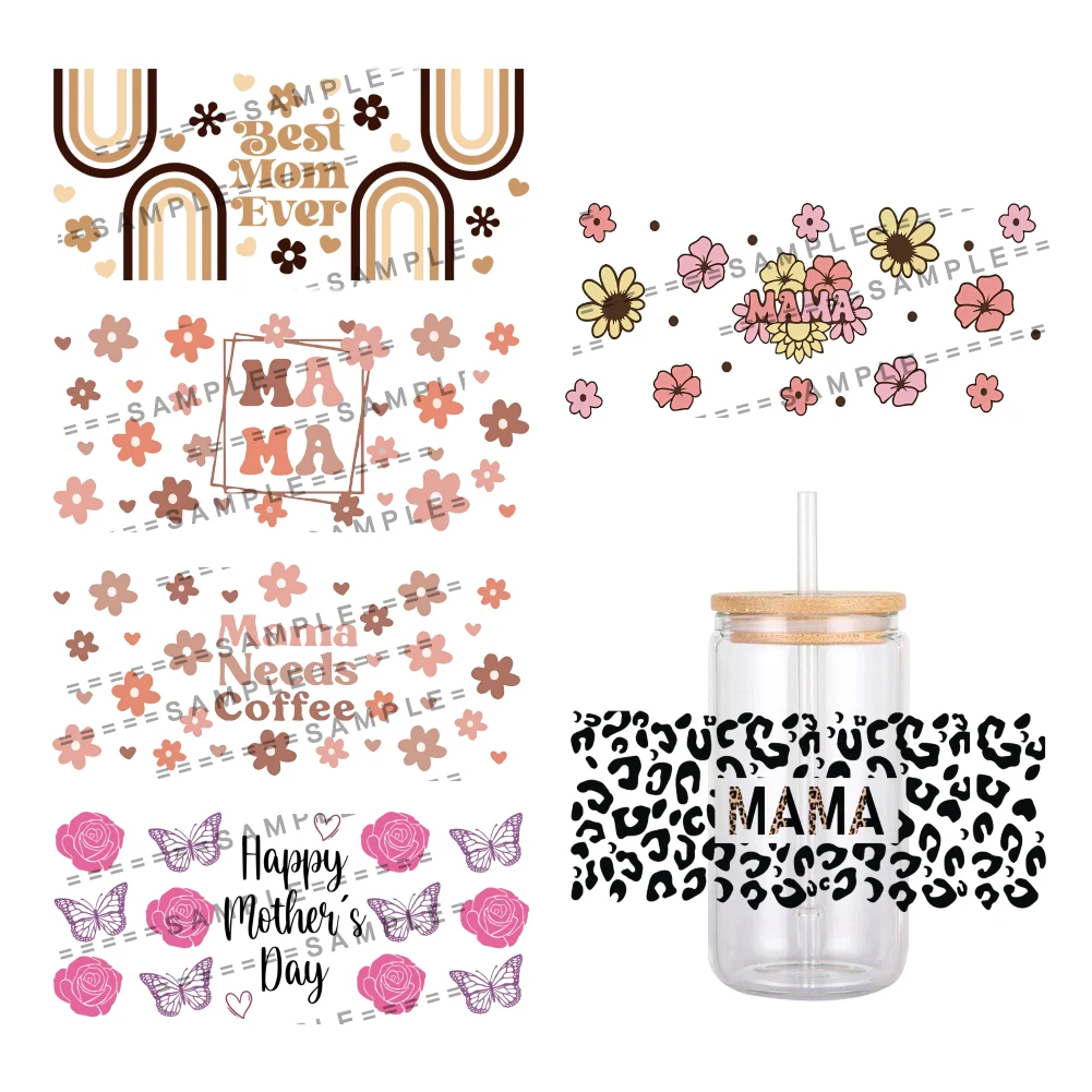 Mother's Day Love Mom Pattern UV DTF Transfer Sticker Waterproof Transfers Decals For 16oz Glass Cup Wrap Stickers