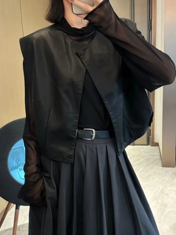 

Faionable ort Leather Vest Women's Svel mat Sle Autumn Winter Coat Small Size Trendy oulder Pad Jaet