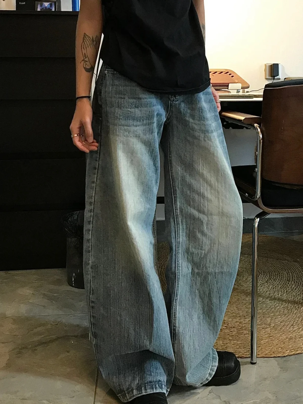 

Cleanfit Vintage Waed Bamboo Texture Men's Casual Wide Leg Jeans Knife Loose Fit Straight Cut High Waist Long Pants