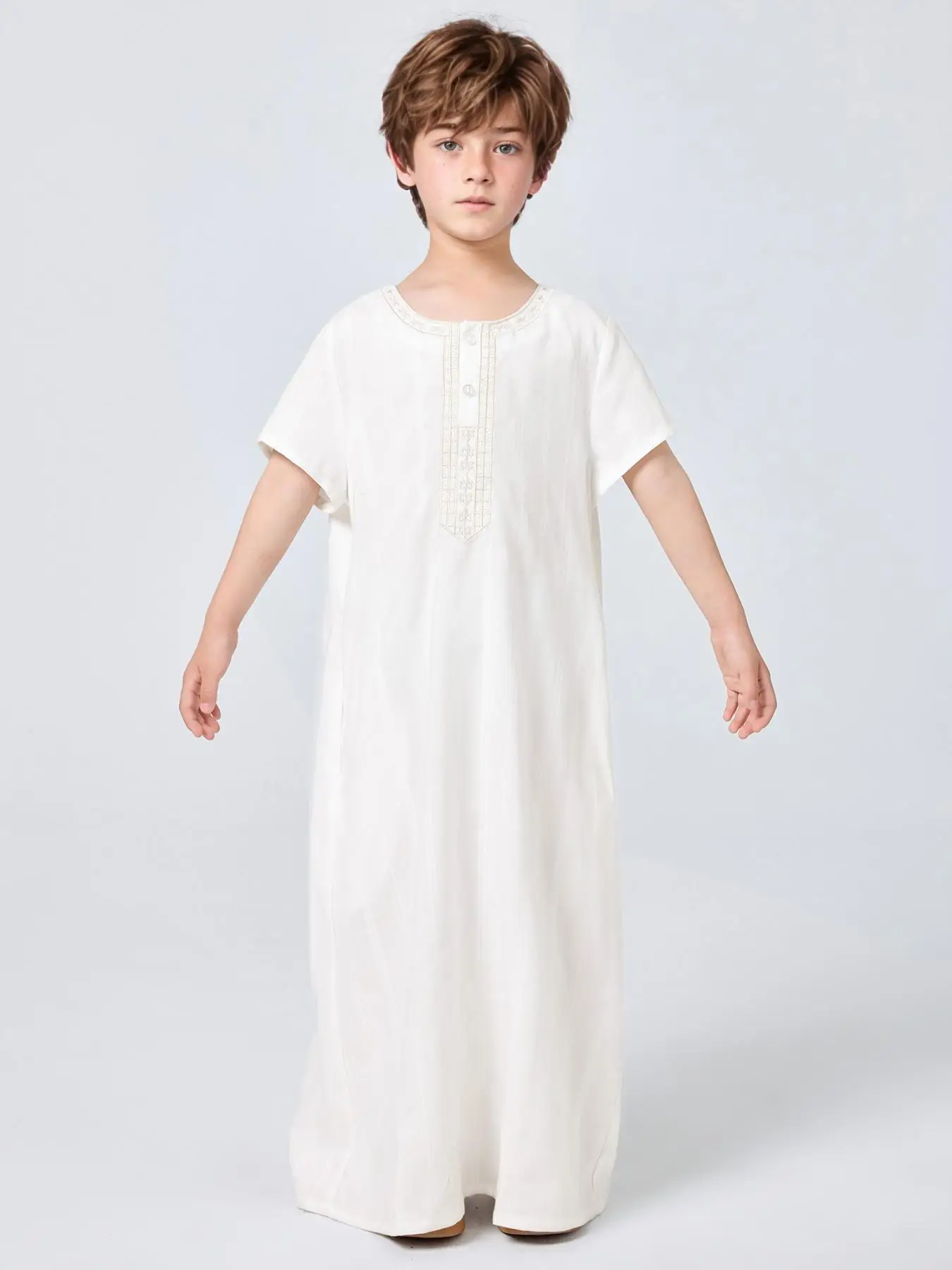 

Middle Eastern Muslim Arab Dubai Turkish Solid Color Boys' Embroidered Short-Sleeve Thobe