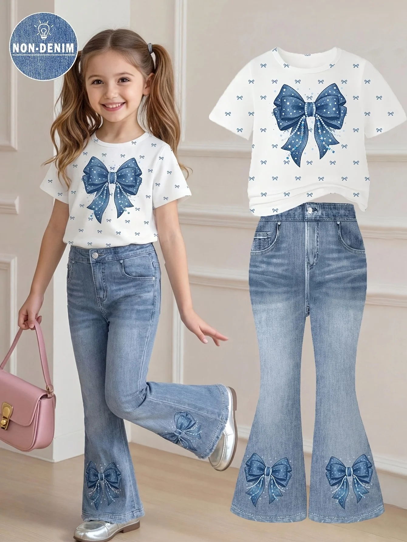 2-teiliges Set für Mädchen: Kurzarm-T-Shirt mit Schleifenverzierung und Faux-Denim-Print (Rundhalsausschnitt) und Schlaghose mit elastischem Bund – schlicht, St. – Detail 1